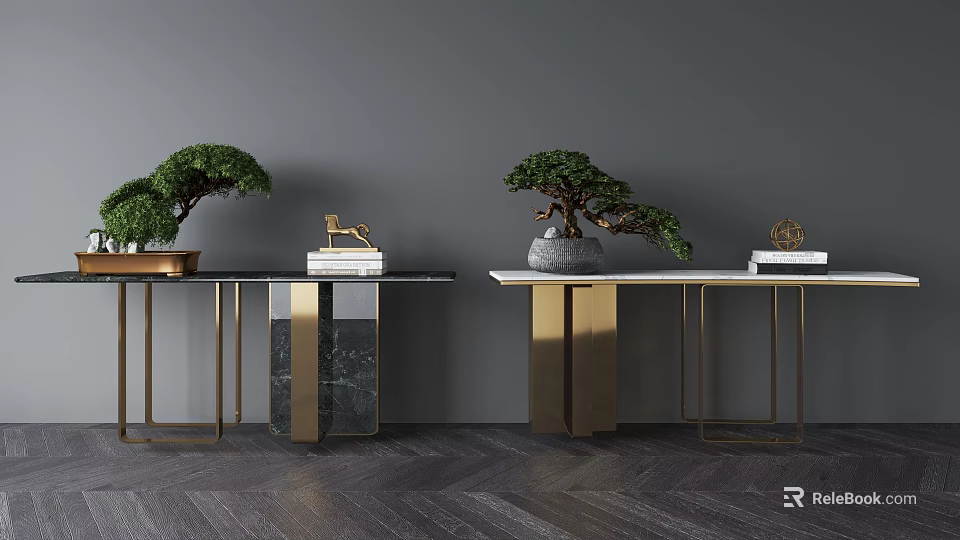 Stylish Console Table With Golden Frame Marble Top Bonsai Tree And Decorative Books 3d model