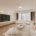Modern Living Dining Room With White Sofas Rug Coffee Tables TV Wall And Ceiling Light