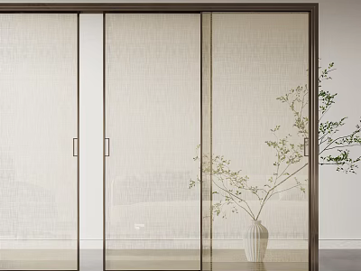 Elegant Modern Sliding Doors With Textured Glass Panels Metal Frame And Indoor Plant 3d model