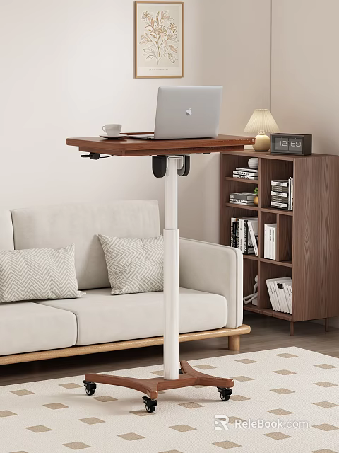 Adjustable Height Desk With Laptop Coffee Cup Lamp Near Sofa And Bookshelf 3d model 