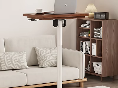 Adjustable Height Desk With Laptop Coffee Cup Lamp Near Sofa And Bookshelf 3d model