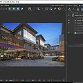 Elegant Modern Commercial Street With Glass Facades Wooden Structures And Outdoor Gathering Spaces