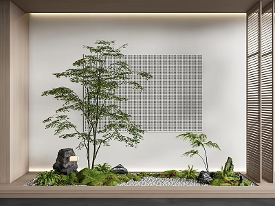Modern Indoor Landscape Design With Tall Tree Greenery Stones And Grid Wall 3d model