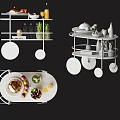 Stylish White Multi Tiered Trolley With Fresh Fruits Drinks Books And Decorative Items