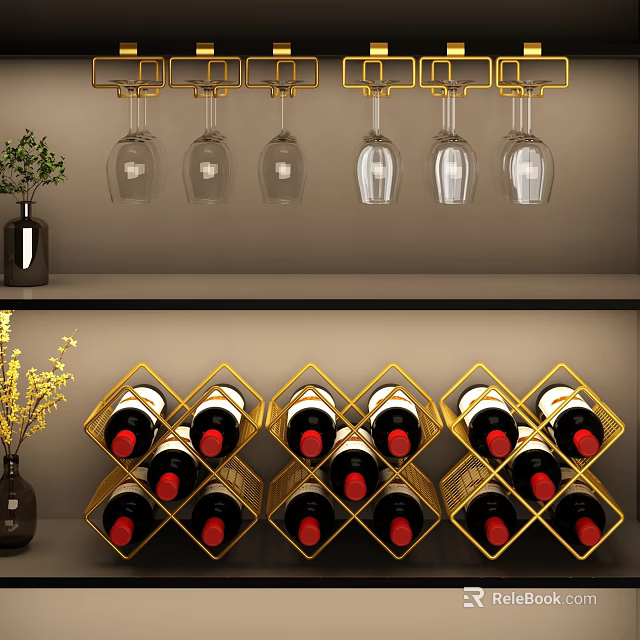 Elegant Wine Cabinet Design With Golden Racks Hanging Glasses And Neatly Arranged Bottles 3d model 
