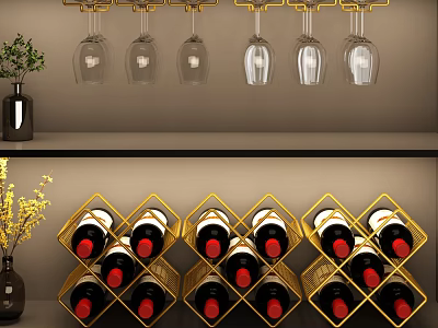 Elegant Wine Cabinet Design With Golden Racks Hanging Glasses And Neatly Arranged Bottles 3d model