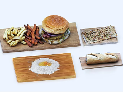 Juicy Hamburger Crispy Fries Sweet Potato Fries Pizza Egg Rice And Roll On Wooden Boards 3d model