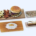Juicy Hamburger Crispy Fries Sweet Potato Fries Pizza Egg Rice And Roll On Wooden Boards