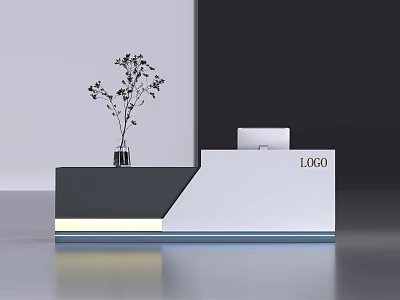 Modern Reception Desk With White Gray Design LED Strip Lighting Vase Green Plants And Logo 3d model