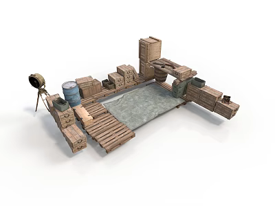 Modern Outdoor Setup With Wooden Crates Plank Platform Oil Drum And Searchlight 3d model