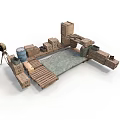 Modern Outdoor Setup With Wooden Crates Plank Platform Oil Drum And Searchlight