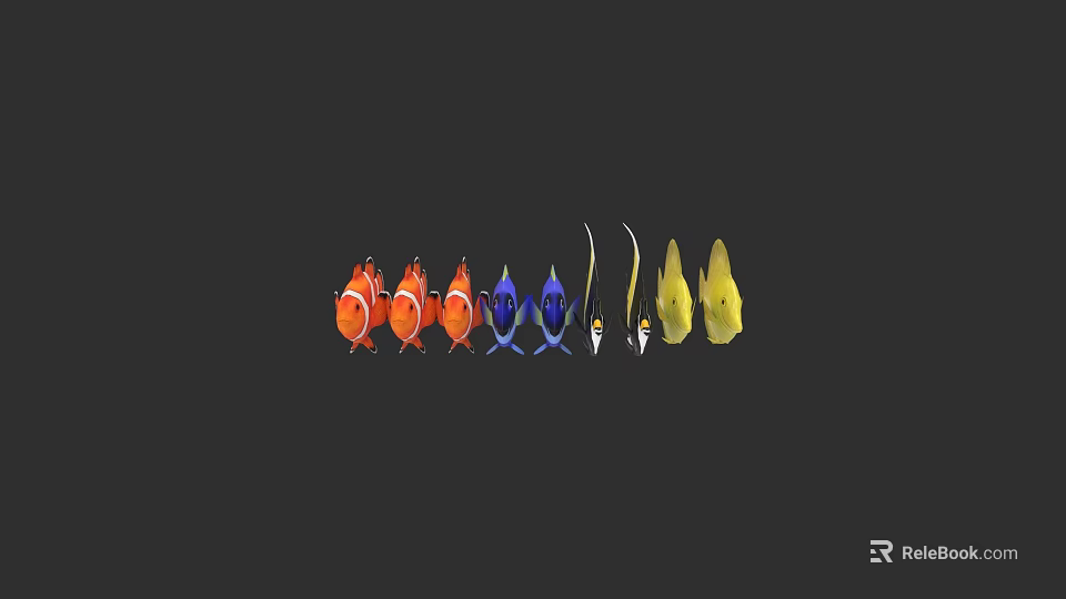 Colorful Aquatic Animals Featuring Orange Blue And Yellow Fish Arranged On Dark Background 3d model 