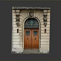 Classic Stone Doorway With Wooden Double Doors And Lion Head Carvings