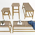 Nordic Stool Rattan Long Bench 3d model