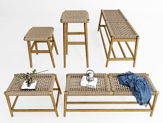 Nordic Stool Rattan Long Bench 3d model