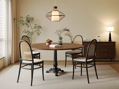 Cozy Dining Interior With Round Table Four Chairs Hanging Lamp Potted Plant And Cabinet 3d model