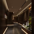 Modern Hotel Corridor With Dark Wood Walls LED Strip Lighting Polished Floor Green Plants And Decorative Plates