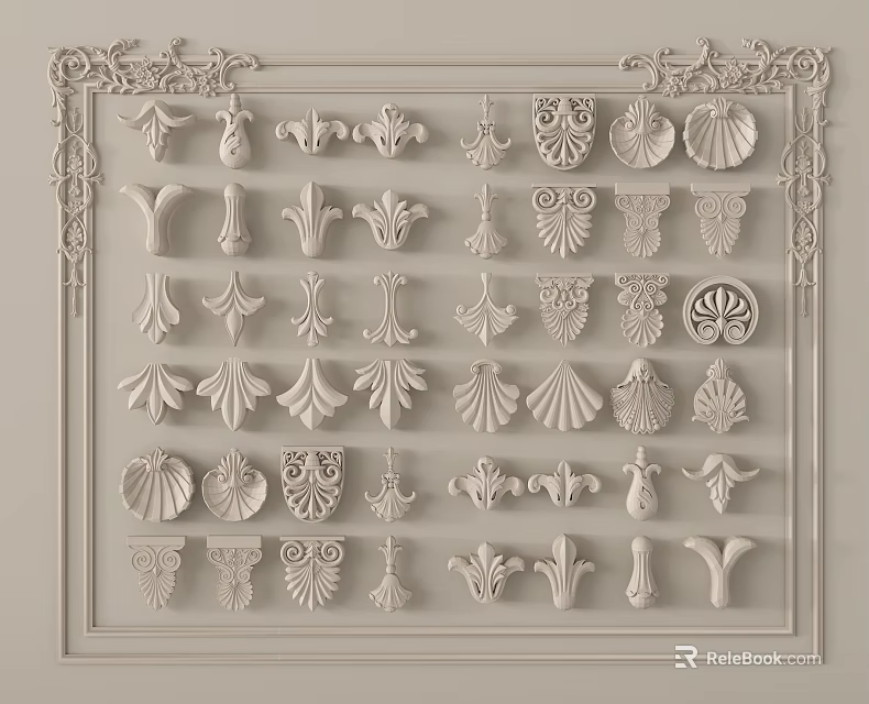 Intricate Carved Ornaments With Various Floral Shell And Leaf Patterns For Interior Decoration 3d model 