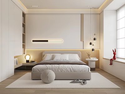 Modern Minimalist Bedroom With Bed LED Strip Light Nightstand Table Lamp And Round Decorative Ball 3d model