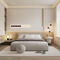 Modern Minimalist Bedroom With Bed LED Strip Light Nightstand Table Lamp And Round Decorative Ball