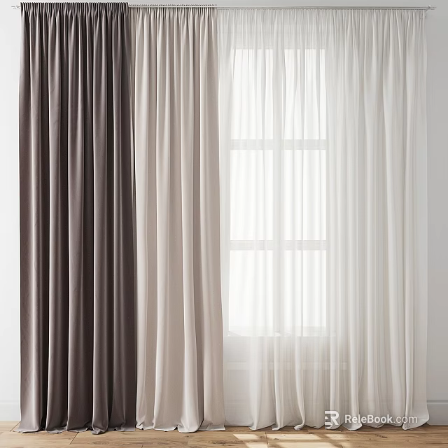 Modern Curtains in Brown Beige White with Sheer Layers for Window Natural Light 3d model 