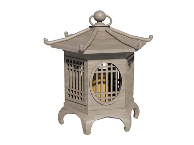Traditional Wooden Candle Lamp With Pagoda Top And Grille Window Design 3d model