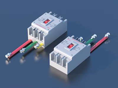 Electrical Circuit Breaker Devices With White Casing And Colored Wires Connections 3d model