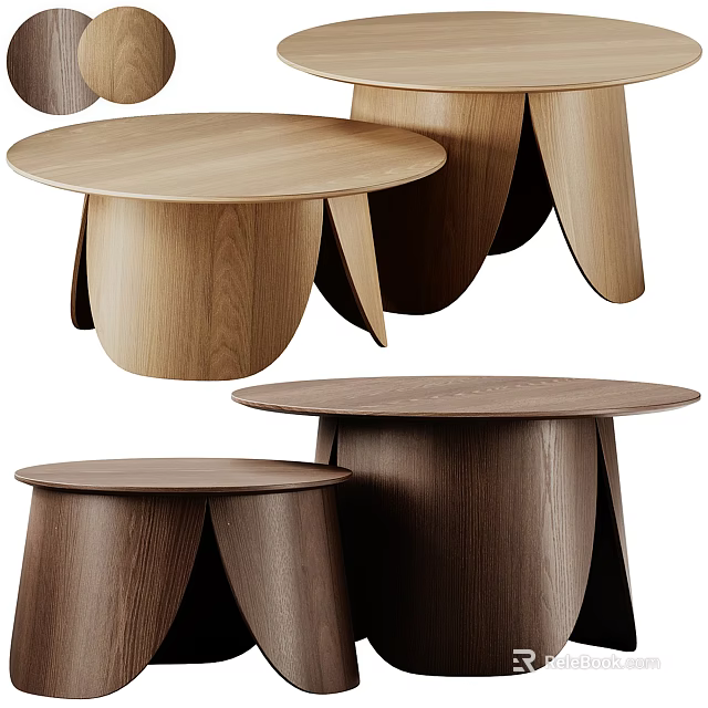 Modern Wooden Coffee Table With Round Top And Curved Legs In Different Wood Tones 3d model 