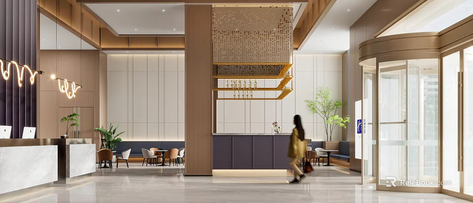 Modern Hotel Lobby Interior Design With Reception Desk Sofa Area And Green Plants 3d model 