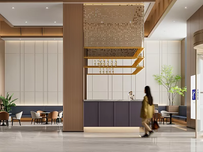 Modern Hotel Lobby Interior Design With Reception Desk Sofa Area And Green Plants 3d model
