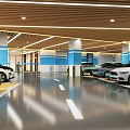 Modern Parking Lot With Well Lit Interior Parked Cars Blue Walls And Wooden Ceiling