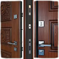 Elegant Wooden Hinged Doors Featuring Intricate Carved Circular Panel Patterns 3d model