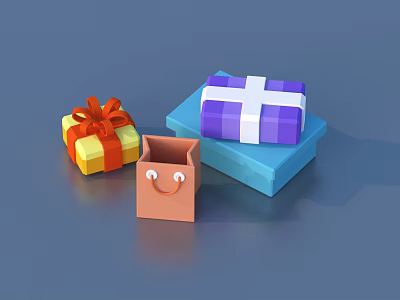 Colorful Gift Boxes And Shopping Bag With Red Bow And Purple White Design 3d model
