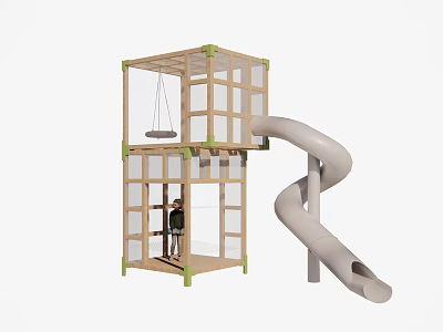Playground Equipment For Children With Wooden Structure Transparent Enclosures Swing And Spiral Slide 3d model