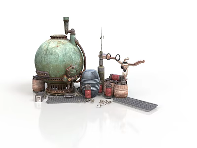 Green Spherical Industrial Equipment With Pipes Wooden Barrels Metal Drums Platform And Small Parts 3d model
