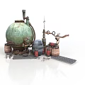 Green Spherical Industrial Equipment With Pipes Wooden Barrels Metal Drums Platform And Small Parts