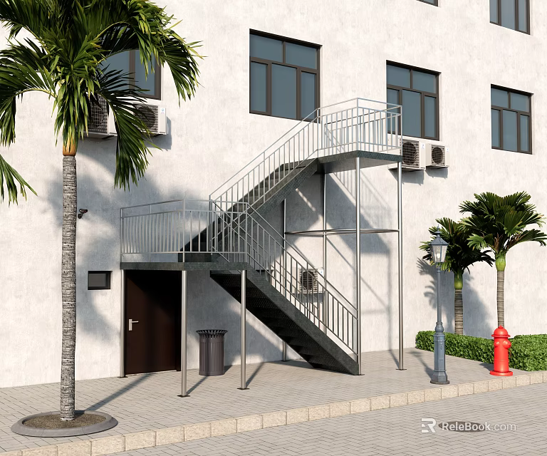 External Metal Staircase Outside White Building With Palm Trees Windows And Fire Hydrant 3d model