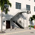 External Metal Staircase Outside White Building With Palm Trees Windows And Fire Hydrant 3d model
