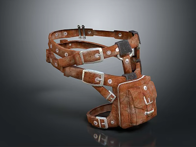 Vintage Brown Leather Bag with Multiple Straps and Metal Buckles Design 3d model