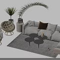 Modern White Sofa Coffee Table Set With Throw Pillows Wicker Chairs Gray Rug And Greenery 3d model