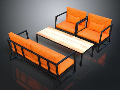 Orange Sofa And Armchairs With Black Frames And Wooden Coffee Table 3d model