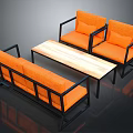 Orange Sofa And Armchairs With Black Frames And Wooden Coffee Table