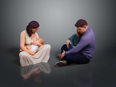Parents With Two Children Cuddling Together On Gray Backdrop With Reflections 3d model