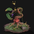 Enchanted Vine Creature With Red Mushroom Purple Berries Green Leaves Butterflies And Grass