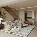 Modern Living Room With Large TV Wooden Stand Patterned Rug Armchair And Decorative Shelves