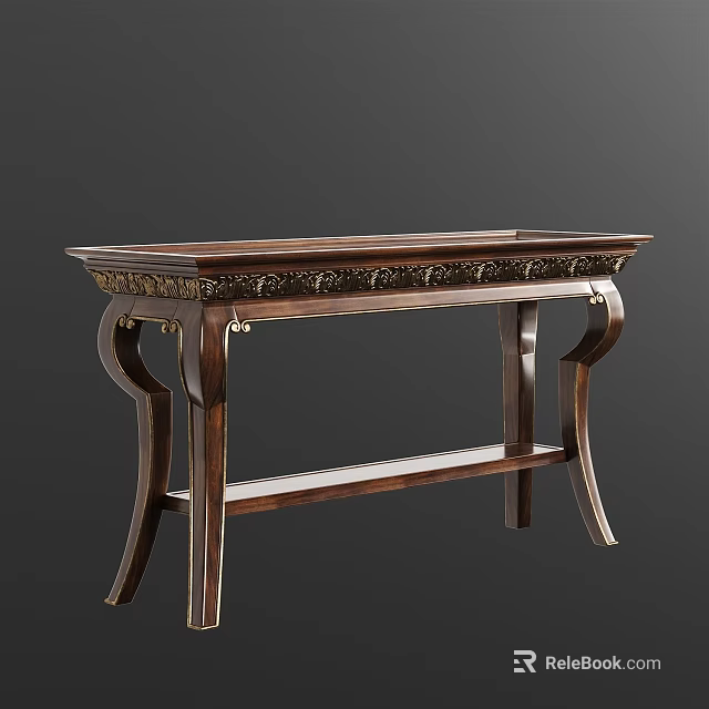 Traditional Wooden Console Table with Carved Ornamental Edging Curved Legs and Gold Accents 3d model 