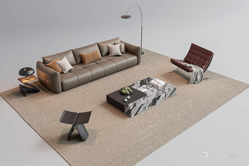 Leather Sofa and Coffee Table Set with Throw Pillows Marble Top Armchair and Floor Lamp 3d model 
