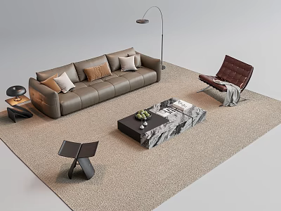 Leather Sofa and Coffee Table Set with Throw Pillows Marble Top Armchair and Floor Lamp 3d model