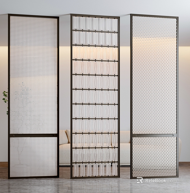 Modern Room Divider With Metal Frame Mesh Panels And Glass Strips In Living Space 3d model 
