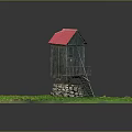 Small Traditional Wooden Cabin With Red Roof On Stone Foundation In Green Grassy Area